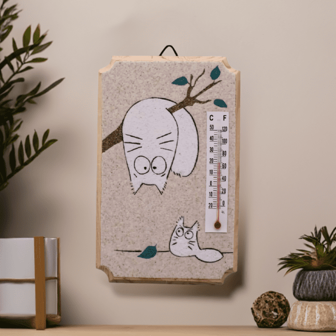 Thermomètre mural chats rigolos - déco nature et mur beige