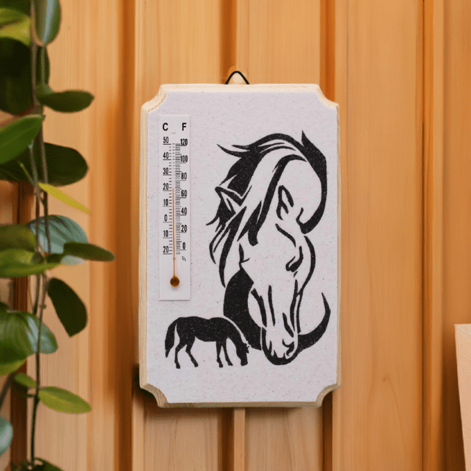 Thermomètre mural cheval et poulain – décoration murale rustique en bois