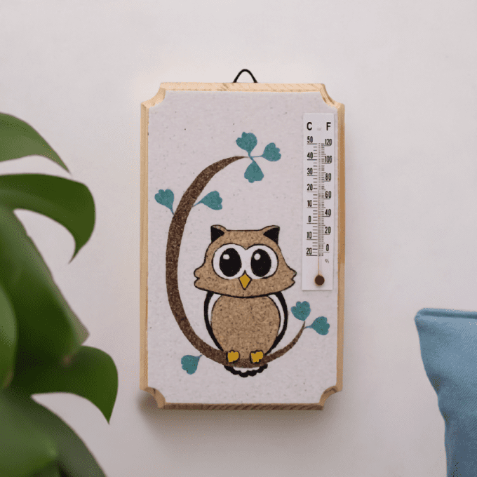 Thermomètre mural chouette en liège – déco murale enfant chambre ou cuisine