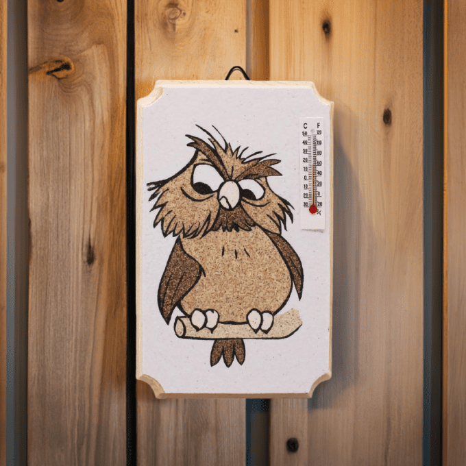 Thermomètre mural chouette rigolote sur fond bois clair